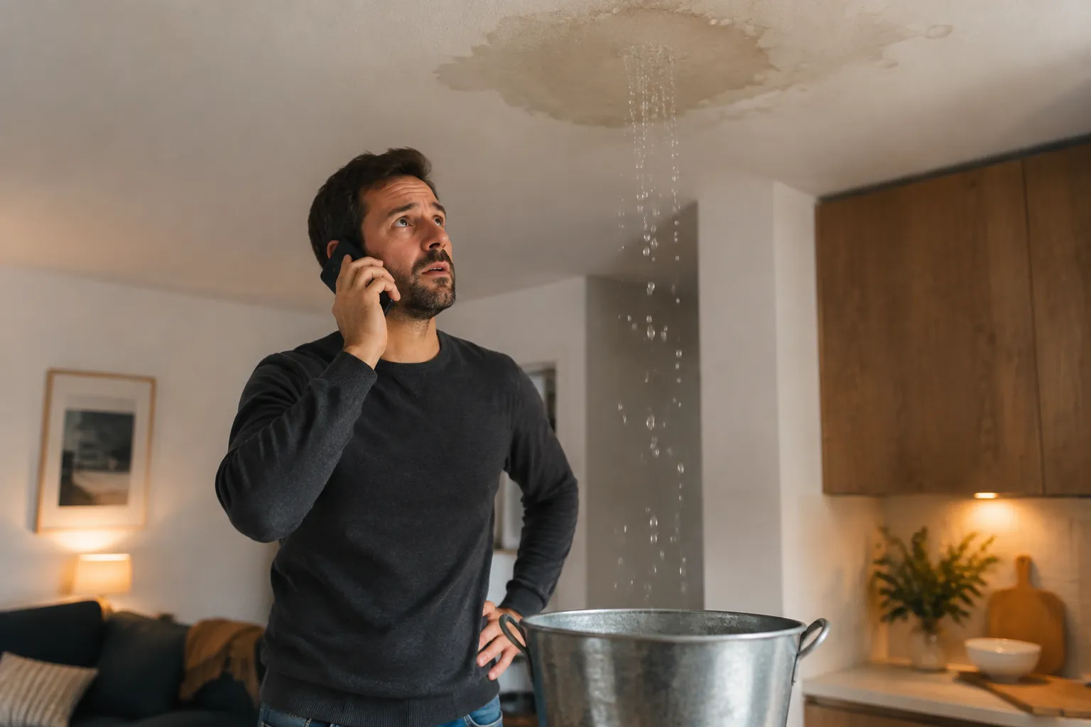 Homme au téléphone sous une fuite d’eau au plafond, recueillie dans un seau.