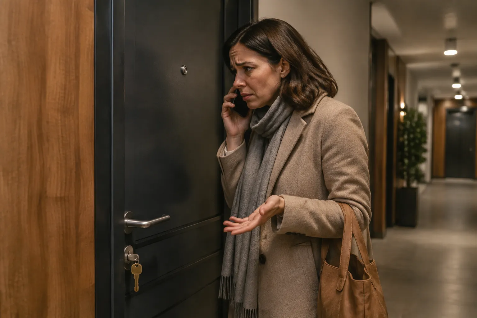 Femme au téléphone devant une porte d’entrée dont la clé reste bloquée dans la serrure.