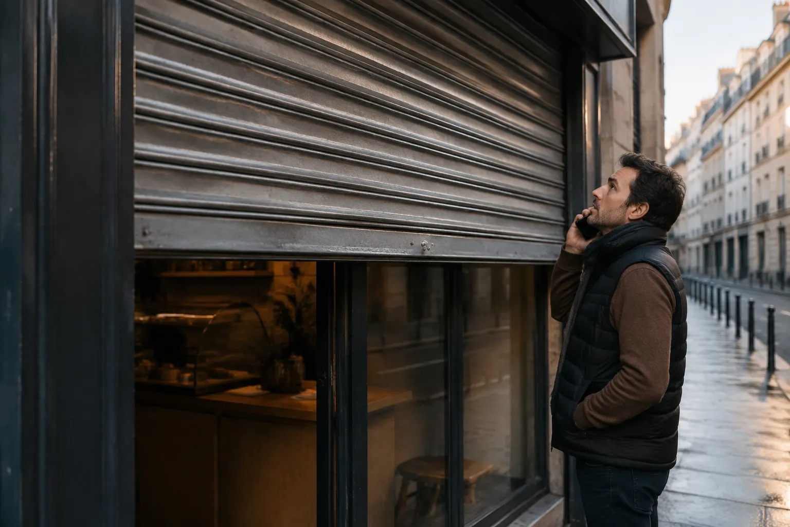 Homme au téléphone devant le rideau métallique à moitié relevé d’une boutique.