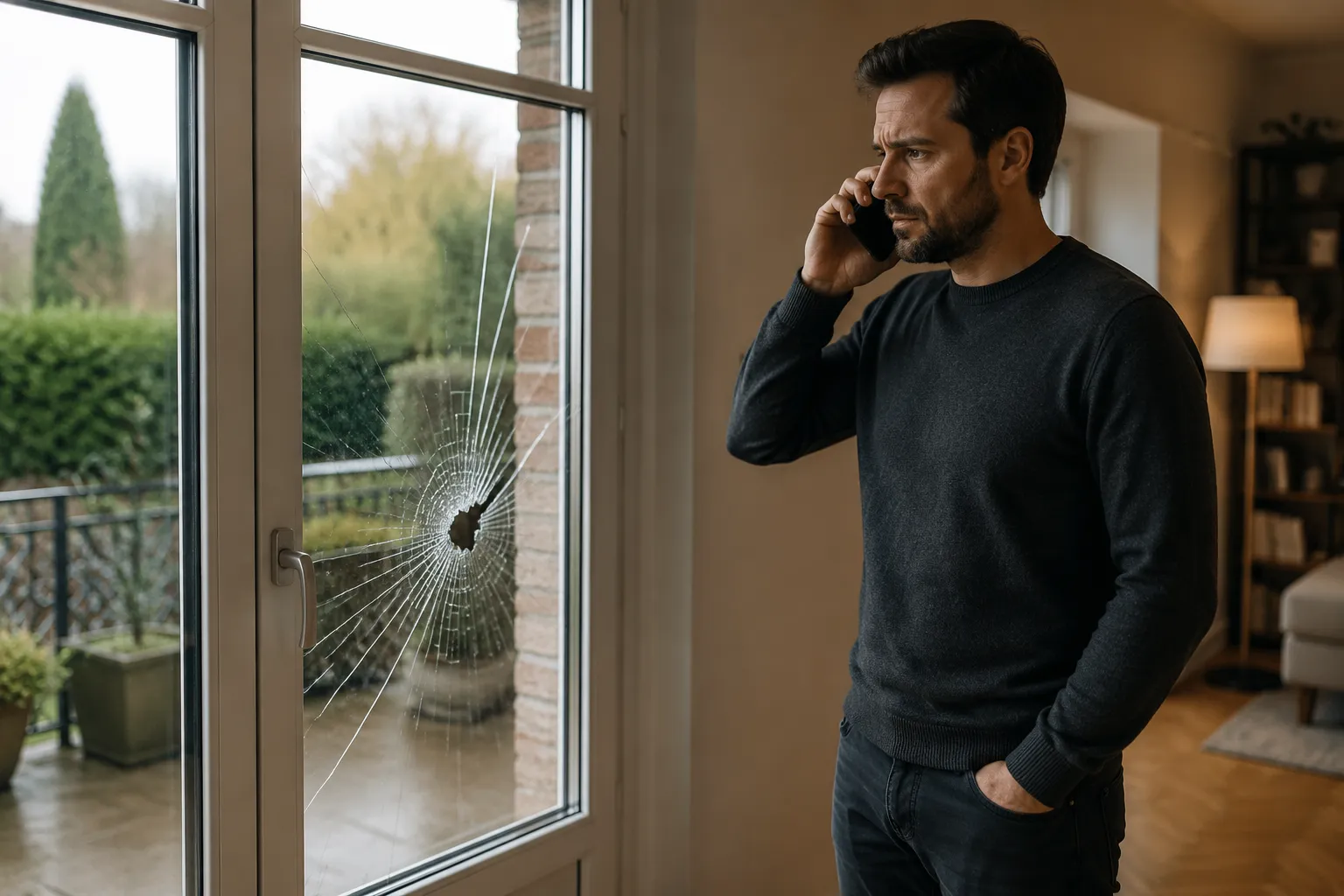 Homme au téléphone face à une porte-fenêtre dont la vitre est fissurée et brisée.
